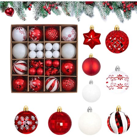 44 stk. Julekule Plast Julepynt For Hjemmefestival Dekorasjoner Juletrepynt (Rød og hvit)