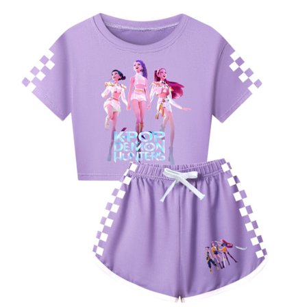 Flickors Koreansk Stil Devil Hunter Träningsdräkt - Kortärmad T-shirt och Shorts Set