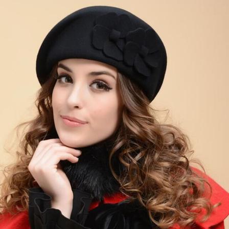Vinterhatter for kvinner fransk beret lue pillbox lue mote 100% ull varm (FMY) Black