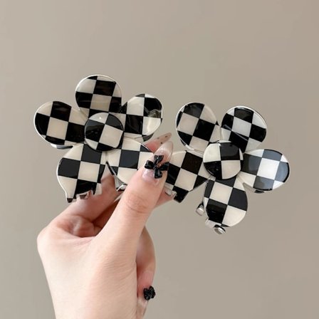 2 ST Checkiga Blomma Hårklämmor för Kvinnor Starkt Grepp Hårspännen för Tjockt Hår och Tunt Rakt Vågigt Lockigt Hår 6,5 cm Små Halkfria Retro Hår