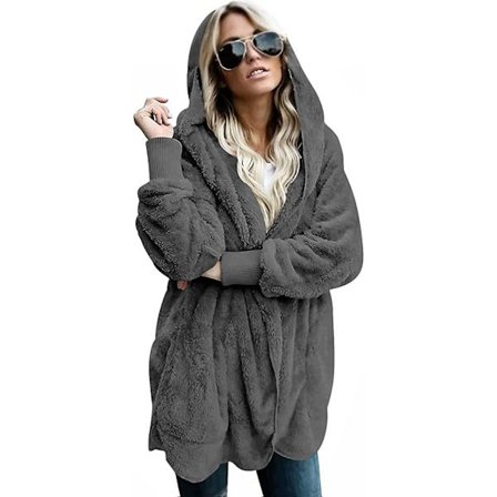 2022 Fleecejacka för damer, luddig kofta med huva och fickor