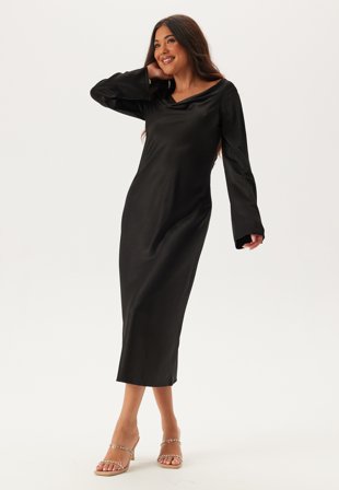 Bubbleroom - Waterfall Midi Satin Dress - Black - Kläder