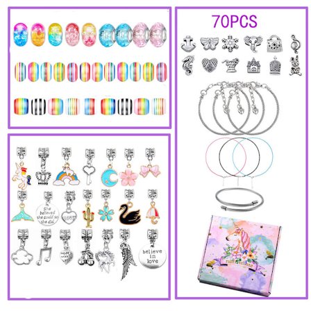 70-delt DIY-barnesmykke-sett, DIY-sjarmarmbånd-gaver til jenter