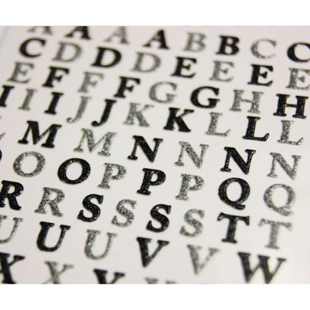 92 Stickers - Alfabet - Sort & Sølv - Glitter - 1,8 cm
