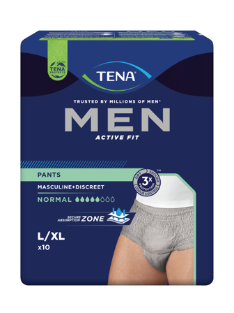 Tena MEN Pants Active Fit Normal, Large/X-Large, grå, 10 stk.