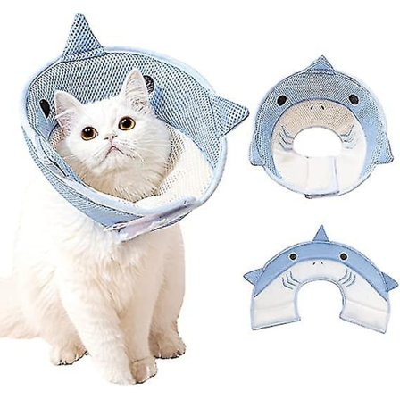 Kattekrage myk, søt hai-design justerbar kattegjenopprettingskrage, lett pustende festekrager etter operasjon