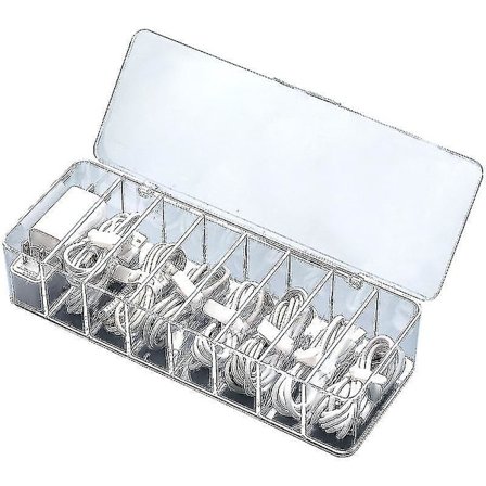 Transparent støvtett oppbevaringsboks for elektroniske tilbehør, kabler og ladere