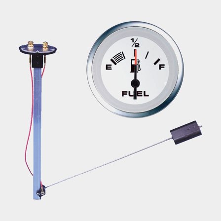 Brandstofmeter Veethree Lido, condensvrij, Ø52 mm, 12 V, USA, 240 - 33 Ω, zilver/wit + tankgever