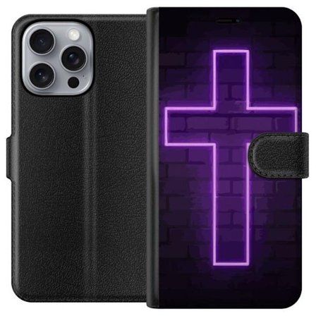 Yhteensopiva Lompakkokotelo Apple Apple iPhone 16 Pro Max Neonristi purppuranvalossa tummaa tiiliseinää vasten, symbolinen motiivi vahvalla hohto mo