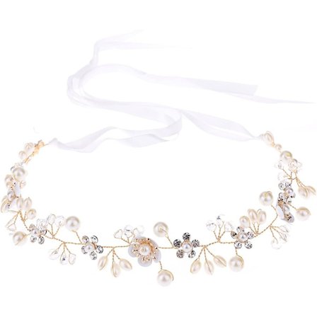 Naisten kukkakoriste (valkoinen, kultainen) nauhalla, kukkakruunu hääkoristeeksi