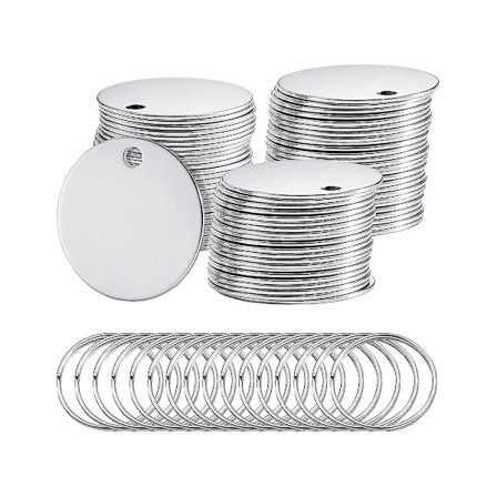 100-pack runda stämplingsämnen rostfritt stål tomma brickor med hål silver metall tomma hundbrickor Pol