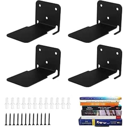 4 stk. bogvæghylde, usynlig flydende boghylde, flydende hylder til bøger, med huller og skruer, sort flydende metalhylde