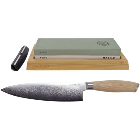 Mareld Japansk kokkekniv + Mareld Duo slipesteiner StarterKit' - 'Lyst pakketre