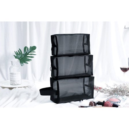 3 stycken svarta Mini Toalettväska med dragkedja Vattentät Nylon Mesh S