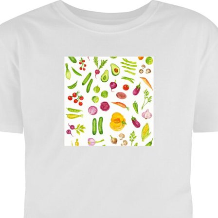 Børne T-shirt Grøntsagsmønster grøntsager avocado agurk tomat broccoli gulerod køkken plakat sund mad design udskrift