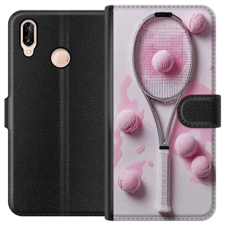 Kompatibel Tegnebogsetui til Huawei Huawei P20 lite Rosa glaskugler og tennisketsjer i et kreativt stillbillede med legende popfølelse og moderne des