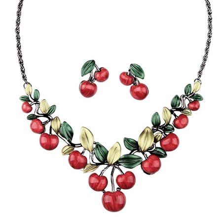 2 stk. Kvinne/Jente Retro Røde Kirsebærblad Halskjede Ørepyntsett