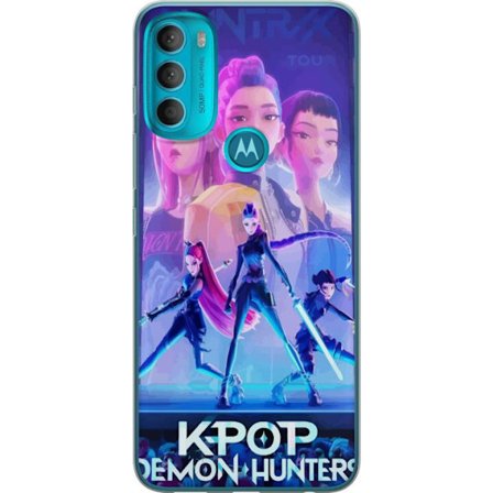 Kompatibelt Mobildeksel til Motorola Moto G71 5G K-Pop Demon Hunters handling med futuristiske heltinner, neonlys og animeenergi som skaper en dramati