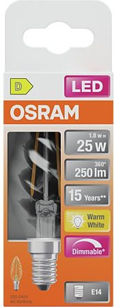 OSRAM Led Lyspære E14 Classic Bw25 250lm klar Dimbar Varmhvit