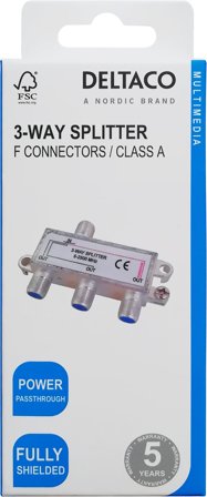 Deltaco 3-way splitter, F-connectors, 1 DC pass, ClassA