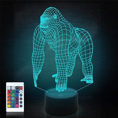 Gorilla 3D Natlampe Abe LED Illusion Hologram Lampe 16 Farver