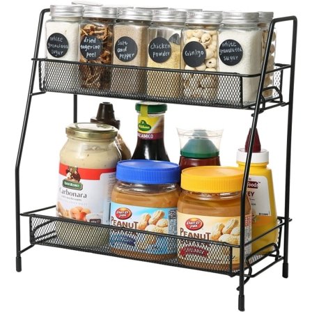 Kök Kryddställ, Förvaringsställ, Organizer, Bänkskiva Kryddförvaring, Vertikal Hylla för Kökskåp, Badrum, Svart (2 våningar) Y