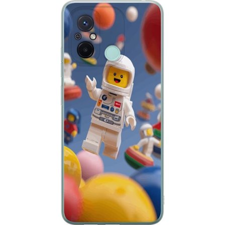 Kompatibelt Mobilskal till Xiaomi Redmi 12C LEGO-inspirerad astronautfigur i rymden bland färgglada planeter, lekfull 3D-illustration för barnrum, a