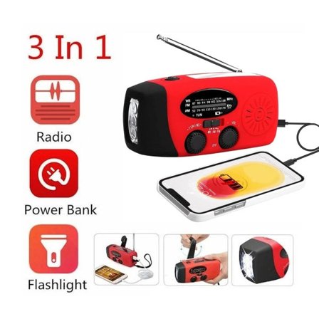 Vevradio med solcellsficklampa och 2000mAh Powerbank Red SOS