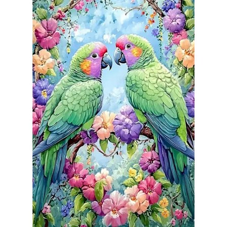 Gledelige papegøyer 5D Diamantkunst DIY runddrillmaling med blomster, Nybegynnervennlig veggdekorasjon 30x40cm