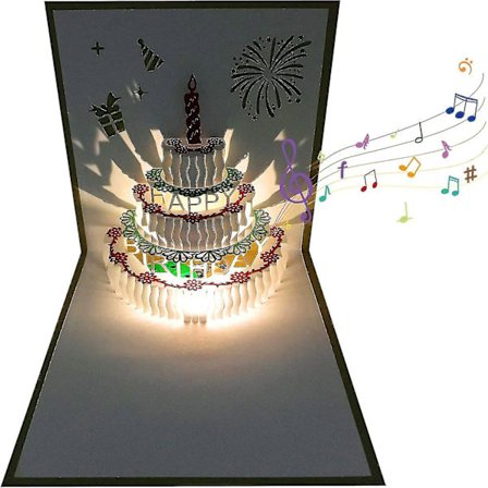 3D fødselsdagskort, 1 pakke farveskiftende lys og automatisk afspilning af musik Happy Birthday kagekort
