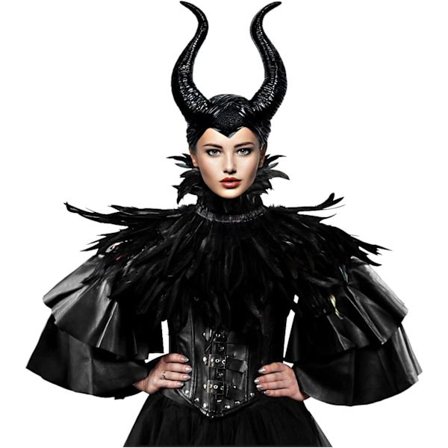 Gotisk svart fjærkappe sjal med demonoksehorn for kvinner Halloween kråkedronningkostyme