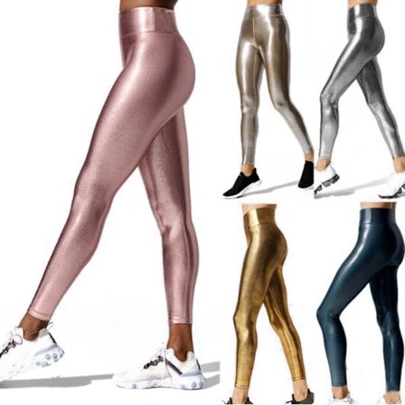 Metallic Leggings för kvinnor Glänsande byxor med hög midja Leggings