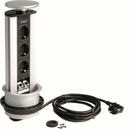 Hager G7045LAN Bordsmodul 3 uttag Silver, Strömbrytare & vägguttag