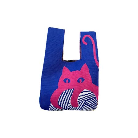Handgjord Cat Knit Handväska Dam Mini Tote Bag Shoppingpåsar