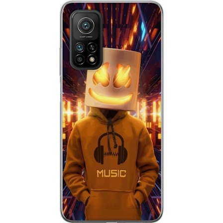 Yhteensopiva Puhelinkuori Xiaomi Xiaomi Mi 10T 5G DJ-hahmo valaisevassa kypärässä ja hupparissa futuristisessa musiikkiympäristössä neonvalojen