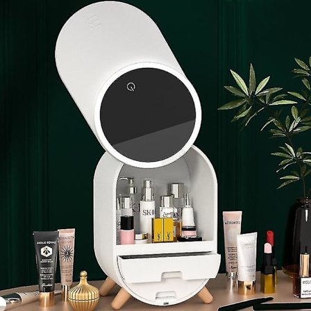 LED-belyst skrivbordsorganisatör med HD-spegel, sminkorganisatörlåda