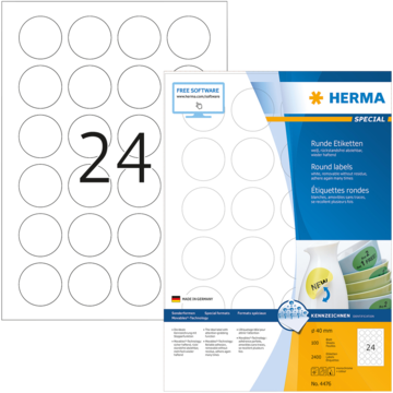 ETIKETT 40MM DIAM. VIT HERMA