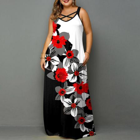 Plus Size Summer Print Maxiklänning Boho Lös Casual Ärmlös