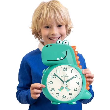 Lasten herätyskello pojille, torkku- ja yövalo, ei tikittävä analoginen paristokäyttöinen oppimiskello, aika herätä yöpöydän kello (vihreä dinosaurus)