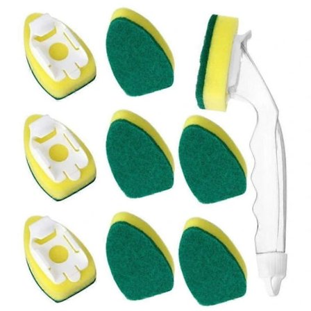 Scotch Brite Opvaskebørste Refill 9 Husholdningsrengøringssvampe Børstehoved og 1 Håndtag Opvask Rengøring til Køkken Udskiftningssvampestav