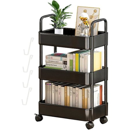 Hjælpevogn med hjul, 3-lags opbevaringshylder med kroge, rullende opbevaringsvogn, rullende hylde mobil opbevaringsorganisator, bogorganisator