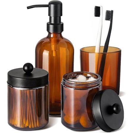 Badrumstillbehörsset, 4-pack Amber Glas Badrumstillbehör Komplett, Brun Tvåldispenser Och Tandborsthållare Badrumsbänk Diskbänk Set Med L