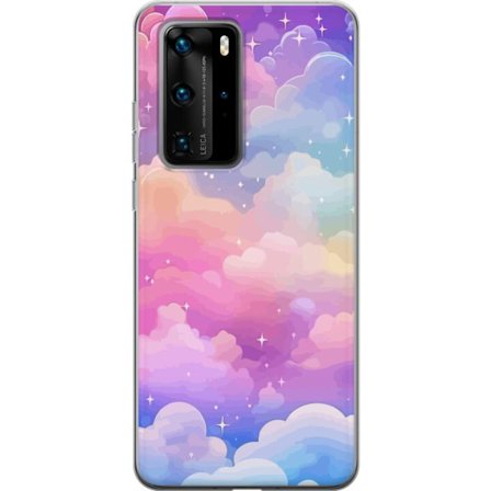 Kompatibelt Mobildeksel til Huawei P40 Pro Søt enhjørning med regnbuefarget hår mot en stjernebelagt pastellbakgrunn i kawaii-stil