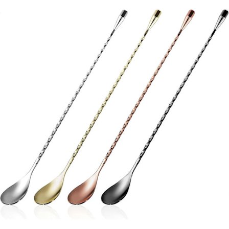 Cocktail ske i rustfrit stål, langt håndtag, barske med spiralmønster, professionelle cocktailomrørere 30 cm, 4 stykker (4 farver)