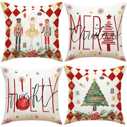 Sett med 4 juleputetrekk, Nøtteknekker, Hagedekorasjon, God Jul-putetrekk i bomull og lin, 45