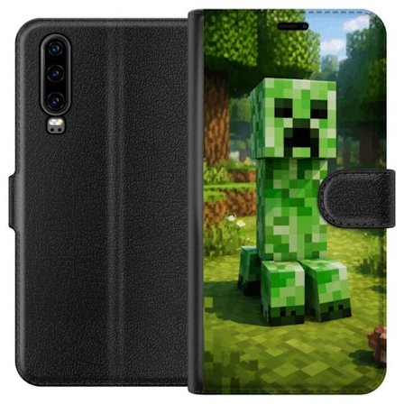 Kompatibelt Plånboksfodral till Huawei Huawei P30 Block-baserad Creeper-figur i en grön pixell värld, ikonisk spelillustration för barnrum, gamers