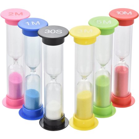 Hiekka-ajastinsetti lapsille - 6 hiekka-ajastinsetti lapsille Oppimiskellot Eri ajat 30 sek - 1 - 2 - 3 - 5 - 10 min 6 kappaletta