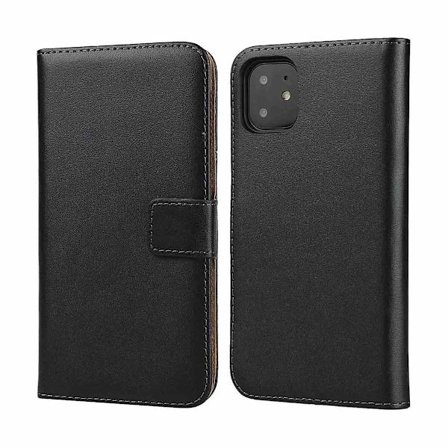 Lommeboketui til iPhone 13 Pro Max, ekte skinn, svart, installasjonen er også svært slitesterk.