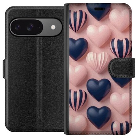 Yhteensopiva Lompakkokotelo Google Pixel 9 Pro Pehmeät kolmiulotteiset sydämet vaaleanpunaisessa ja merensinisessä sävyssä romanttisessa kuosissa