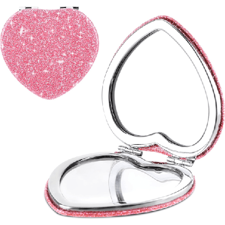 Kompakt Spejl til Taske, Hjerteformet Dobbeltsidet 1X/2X Forstørrende Glitter Mini Makeupspejl Rejse Bærbar